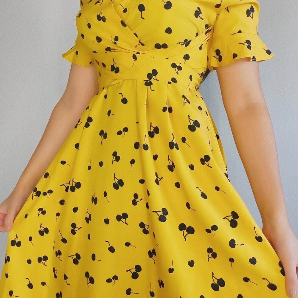 Yellow Cherry Midi Summer Spring Dress - Picture 7 of 7